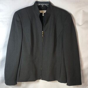 Escada Charcoal Gray Wool Blend Gold Tone Zipper V Neck Blazer Jacket, Size 42